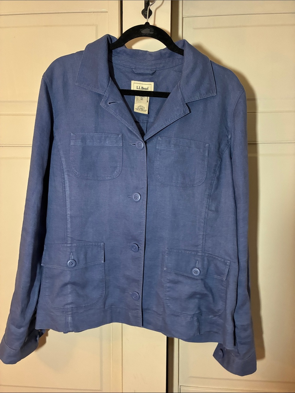 LL Bean Blue Button-Up Linen Jacket with Multiple Pockets 100% Linen. Size XL